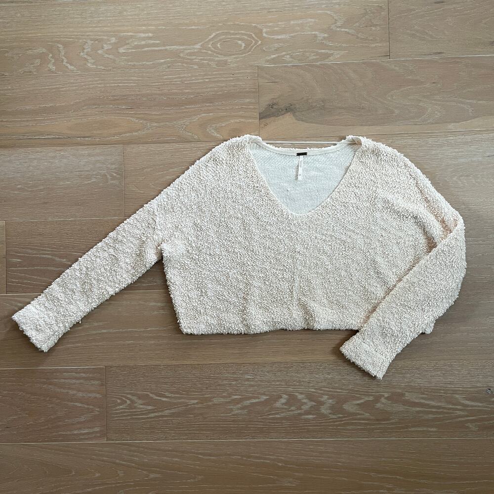 Free People Popcorn Cropped V-Neck Sweater Cream Small - Picture 4 of 10